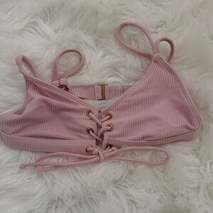 Ribbed Lace-Up Pink Bralette Bikini Top